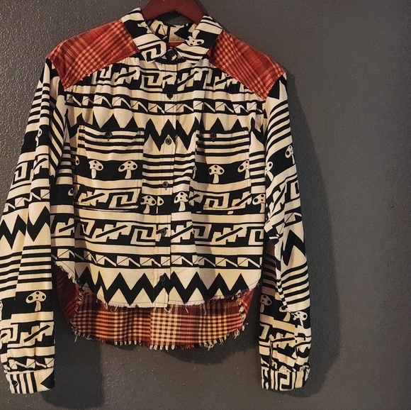 Patchwork Cropped Western Shirt Mushroom Whimsy Indie Grunge Folk Woodland - Picture 8 of 14